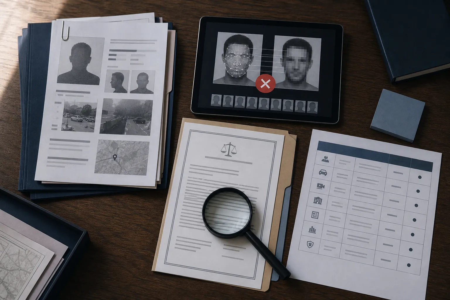 Verification desk with a case file, court-order document, tablet showing a facial-recognition error badge, government inventory page, and magnifying glass