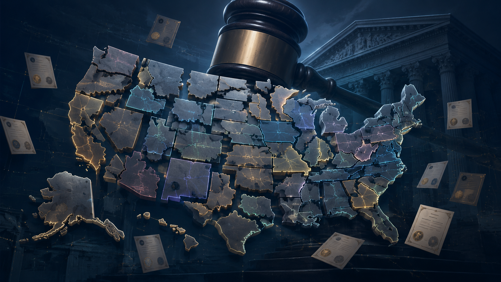 Fragmented United States legal landscape with courthouse, gavel, disconnected jurisdiction pieces, and certification-stamp documents