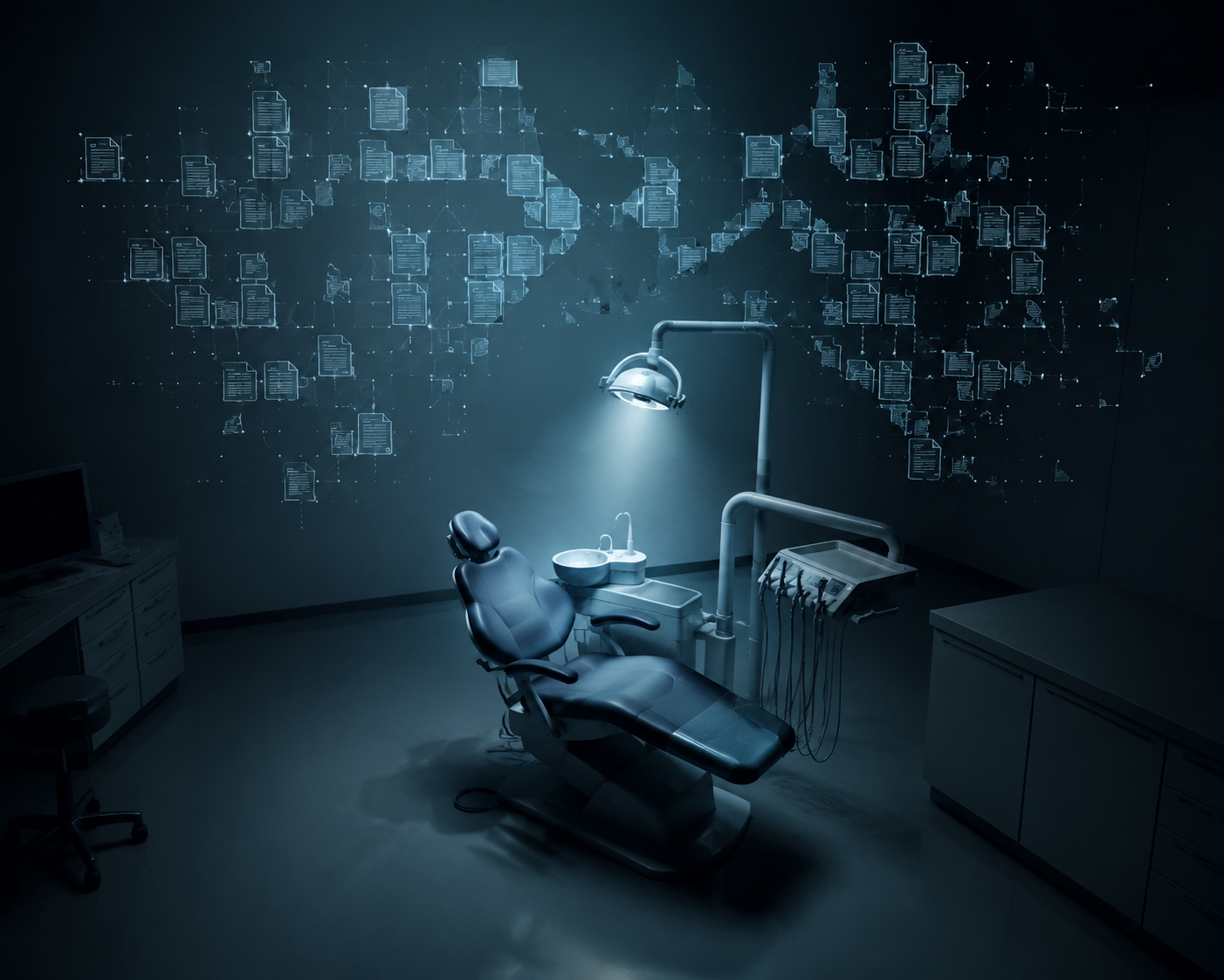 Empty dental operatory chair under a surgical light with fragmented document icons and missing data points overhead