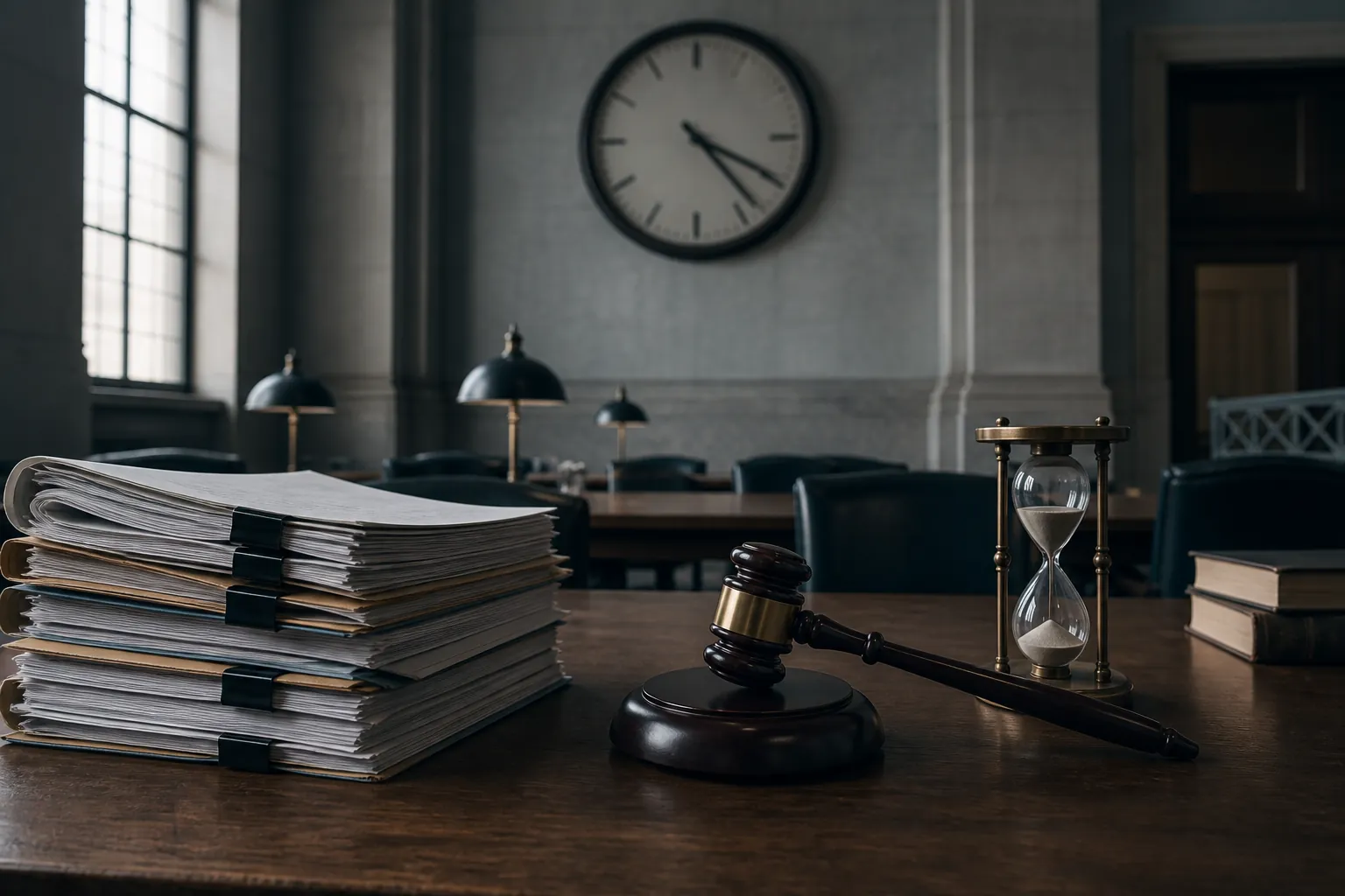 Courthouse reading room with legal briefs, gavel, clock, and hourglass