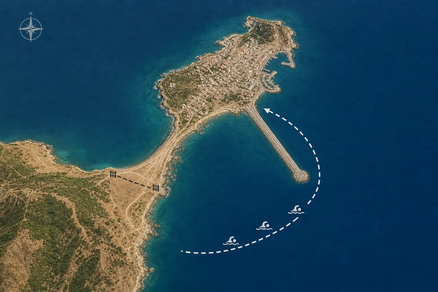 Map illustration of Ceuta showing the land border fence, Tarajal breakwater, and maritime swim route