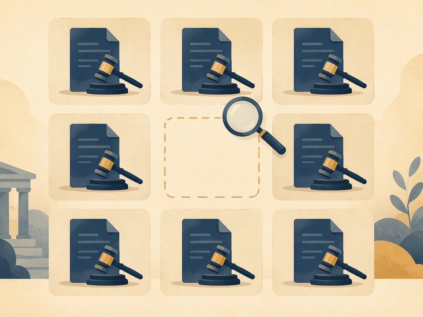 Legal coverage gap shown as an empty slot in a grid of documents and gavels