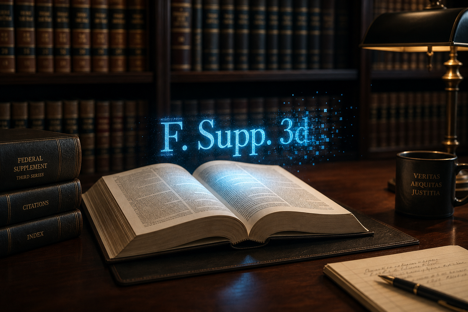 Law library scene with a glowing blue citation line hovering above an open law book, edges subtly fragmenting to indicate hallucinated content.