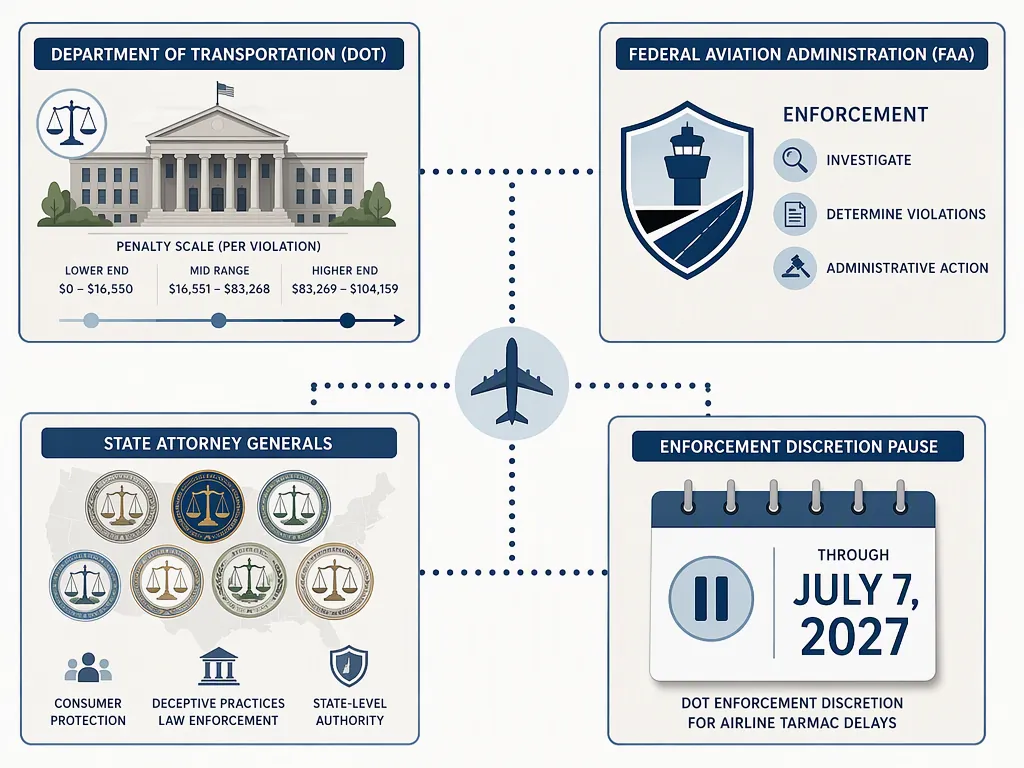 Infographic showing DOT, FAA, state attorney general, and July 2027 enforcement zones connected by dotted lines