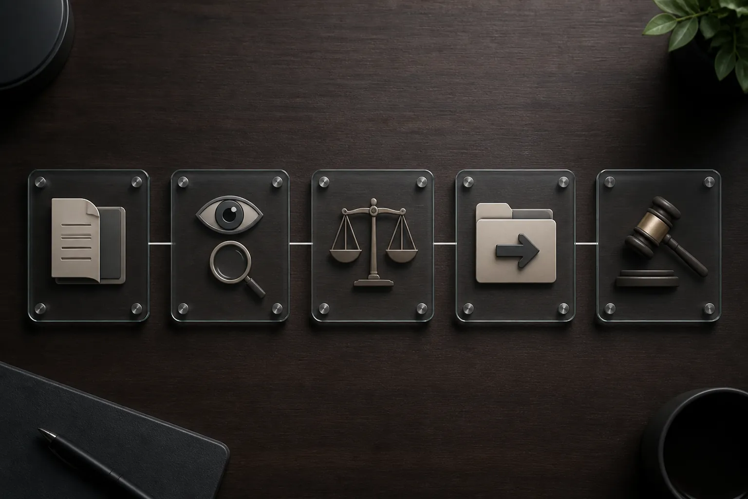 Five verification checkpoint panels on a dark desk