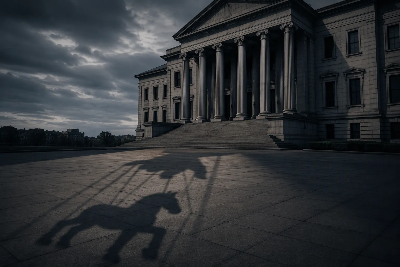 Federal courthouse facade with a long shadow suggesting unseen influence