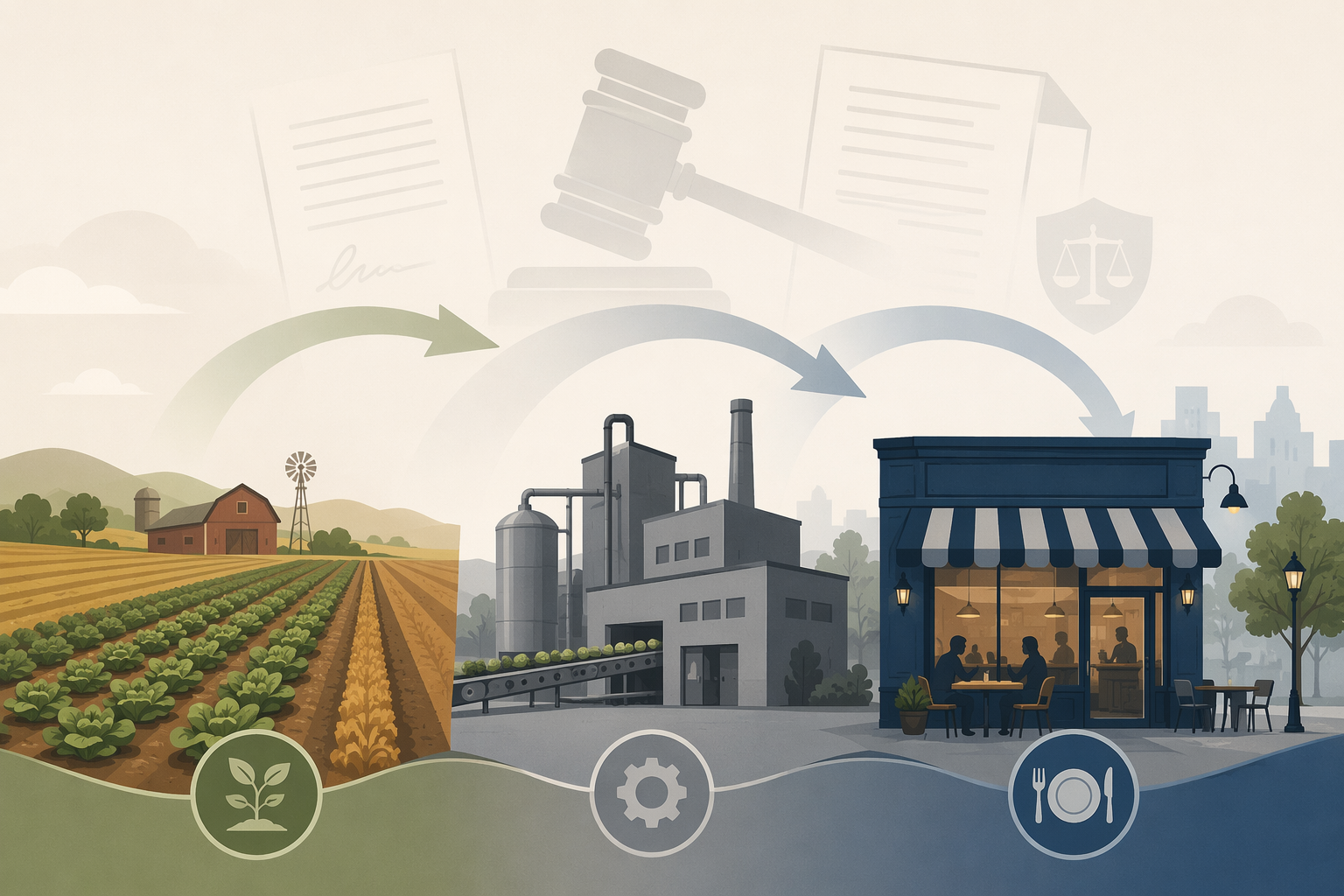 Illustration of a farm field, processing facility, and restaurant connected by arrows with legal documents and gavel silhouettes above the supply chain