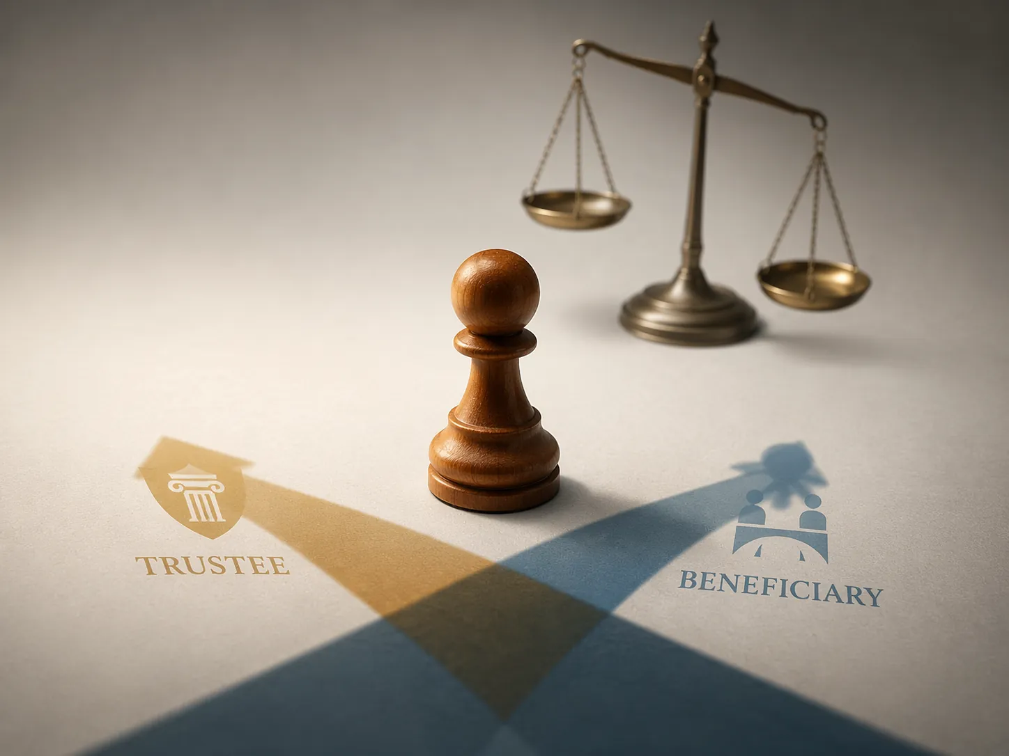 A chess piece casting two shadows labeled trustee and beneficiary