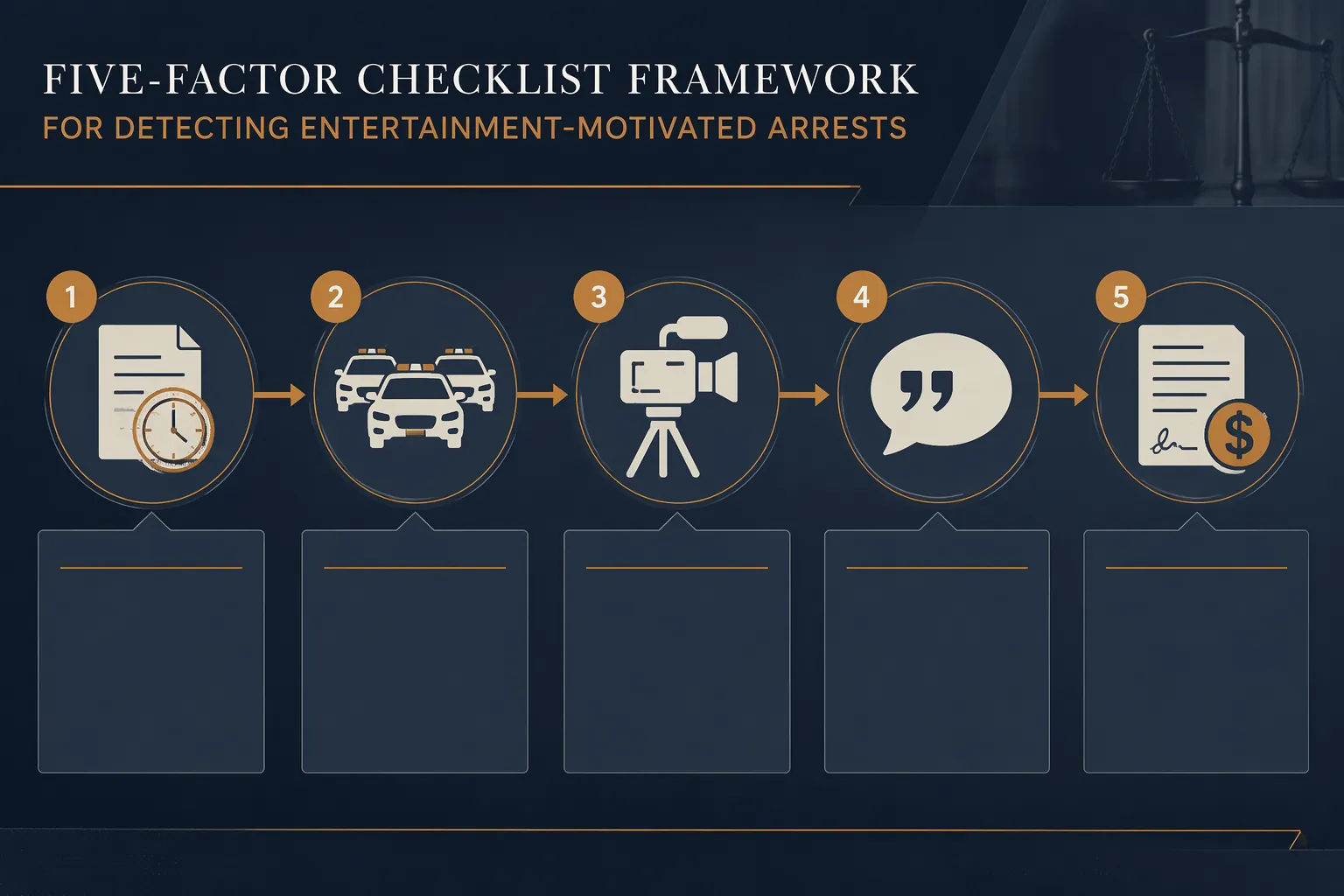 Five-factor checklist diagram for stale warrant, overstaffed response, camera crew presence, entertainment statements, and payment arrangement