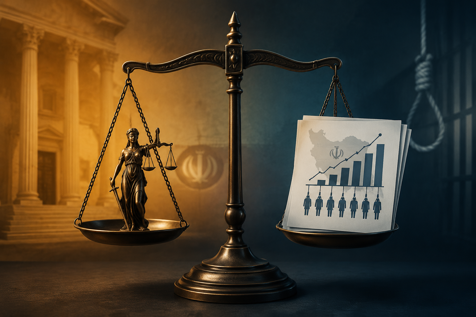 Judicial scales beside stacked execution data documents in a courtroom-inspired setting
