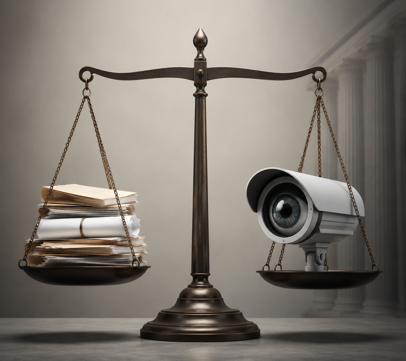 Balance scale with legal documents and settlement papers on one side and a surveillance camera eye on the other