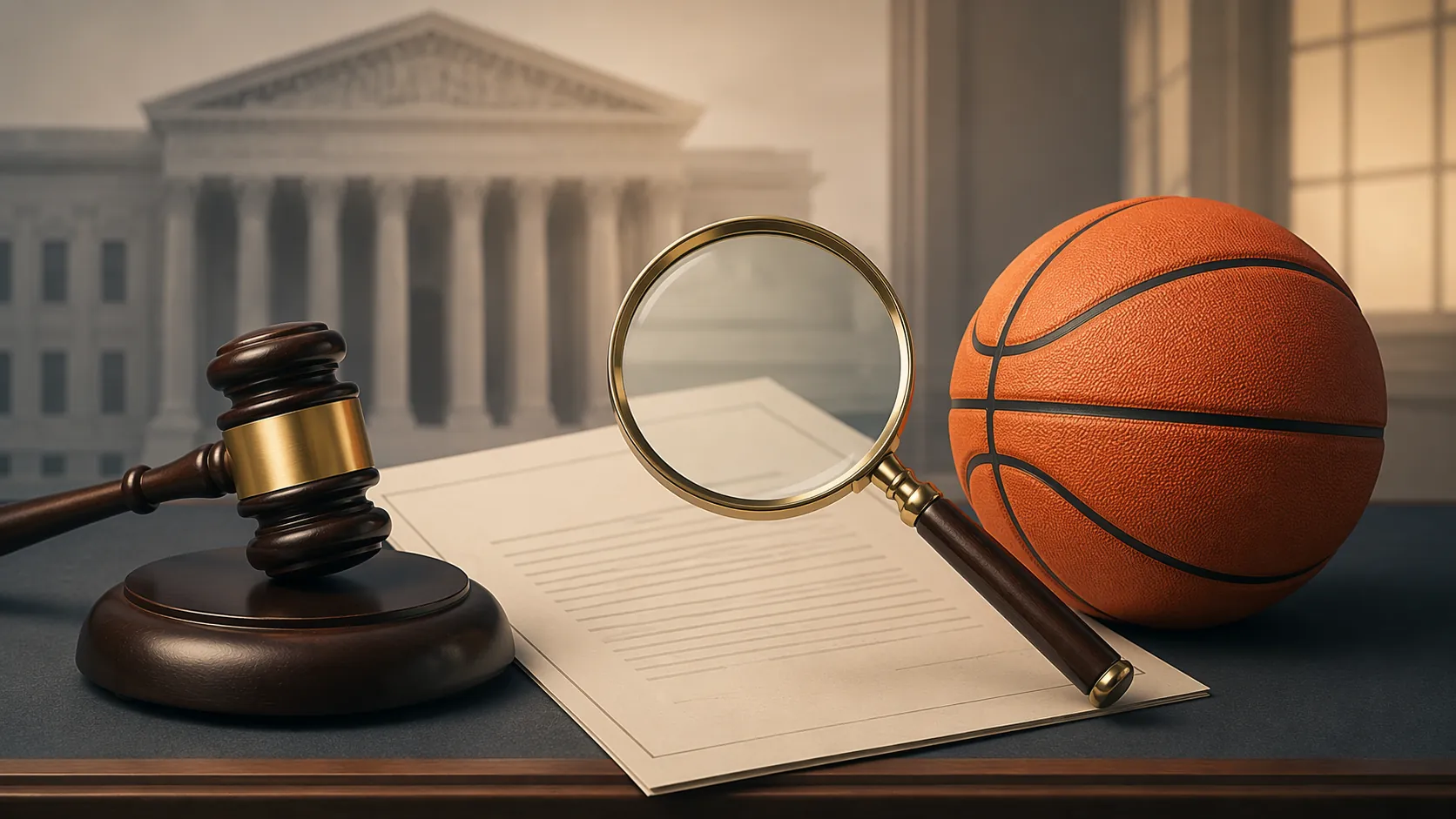 Supreme Court gavel, Title IX document, basketball, and magnifying glass in an editorial legal analysis scene