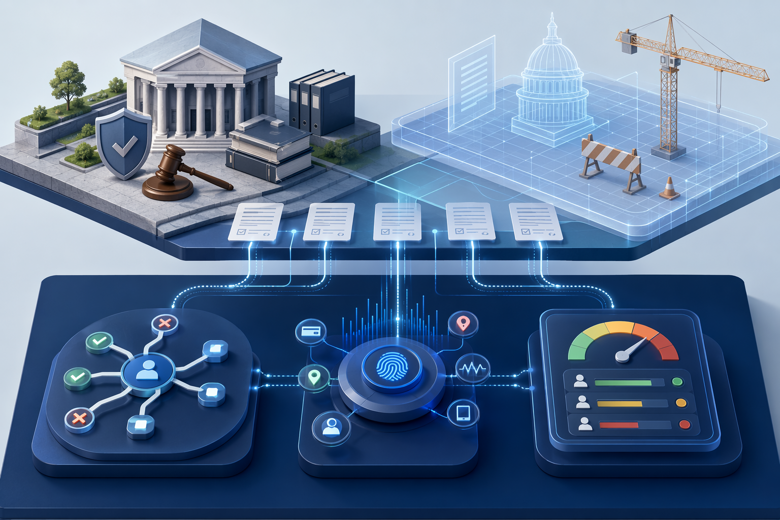 AI risk system nodes connected to grounded and emerging regulatory frameworks with audit trail lines