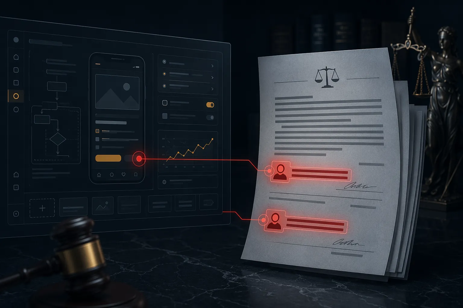 Legal document highlighting individual names linked to a product design interface