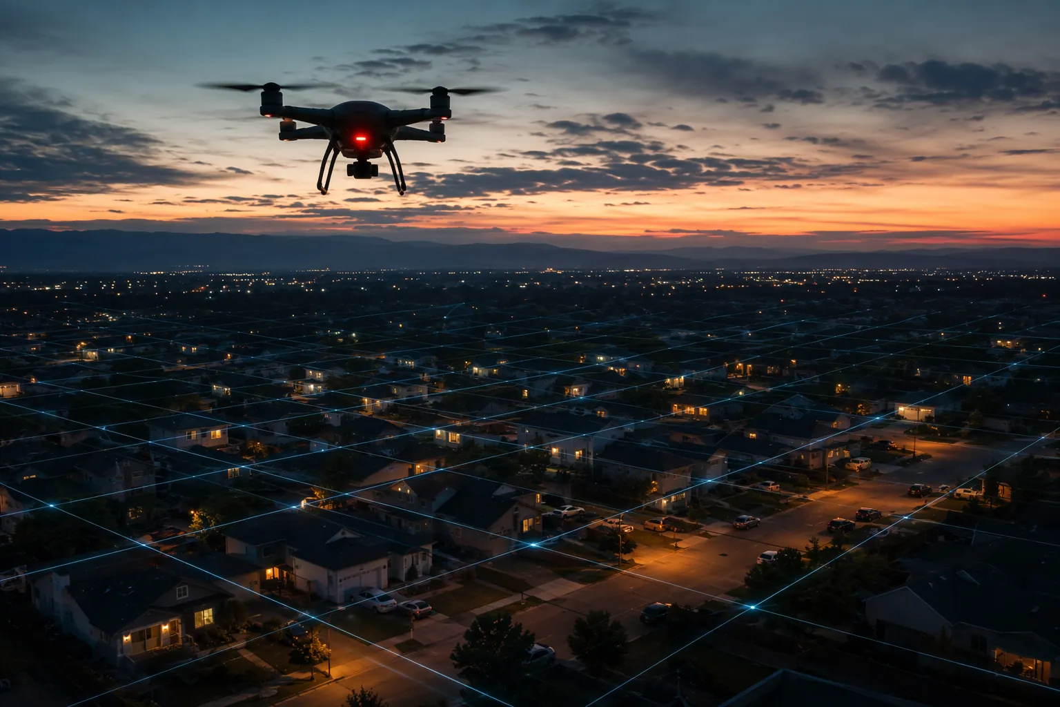 Autonomous drone hovering over a suburban neighborhood at dusk