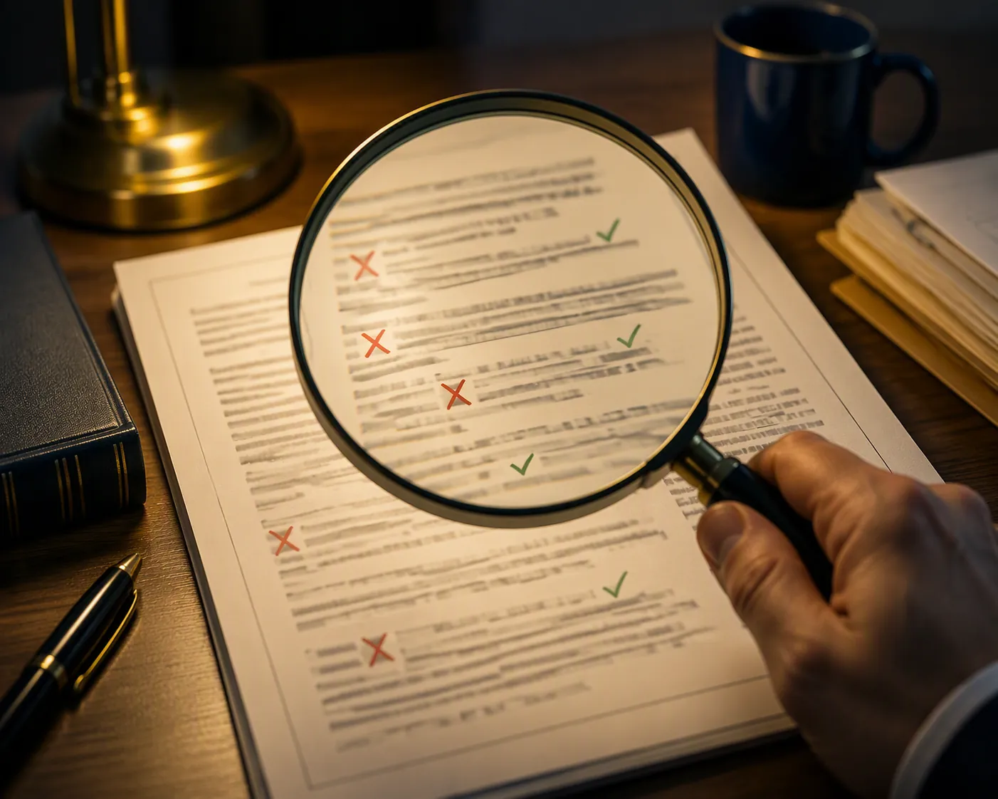 Magnifying glass over a legal document with red X marks and green check marks suggesting a reliability audit