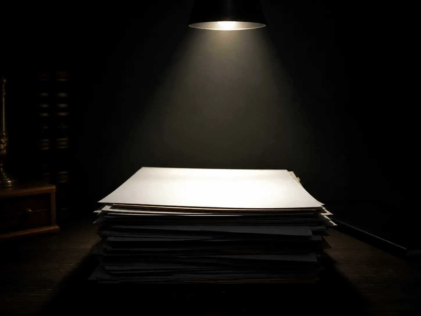 Stack of legal documents under a narrow spotlight representing confirmed public records surrounded by uncertainty