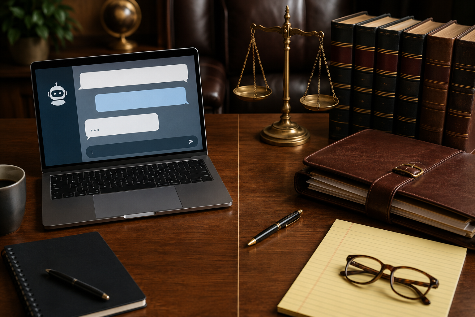 Lawyer's desk divided between a chatbot interface and traditional legal materials