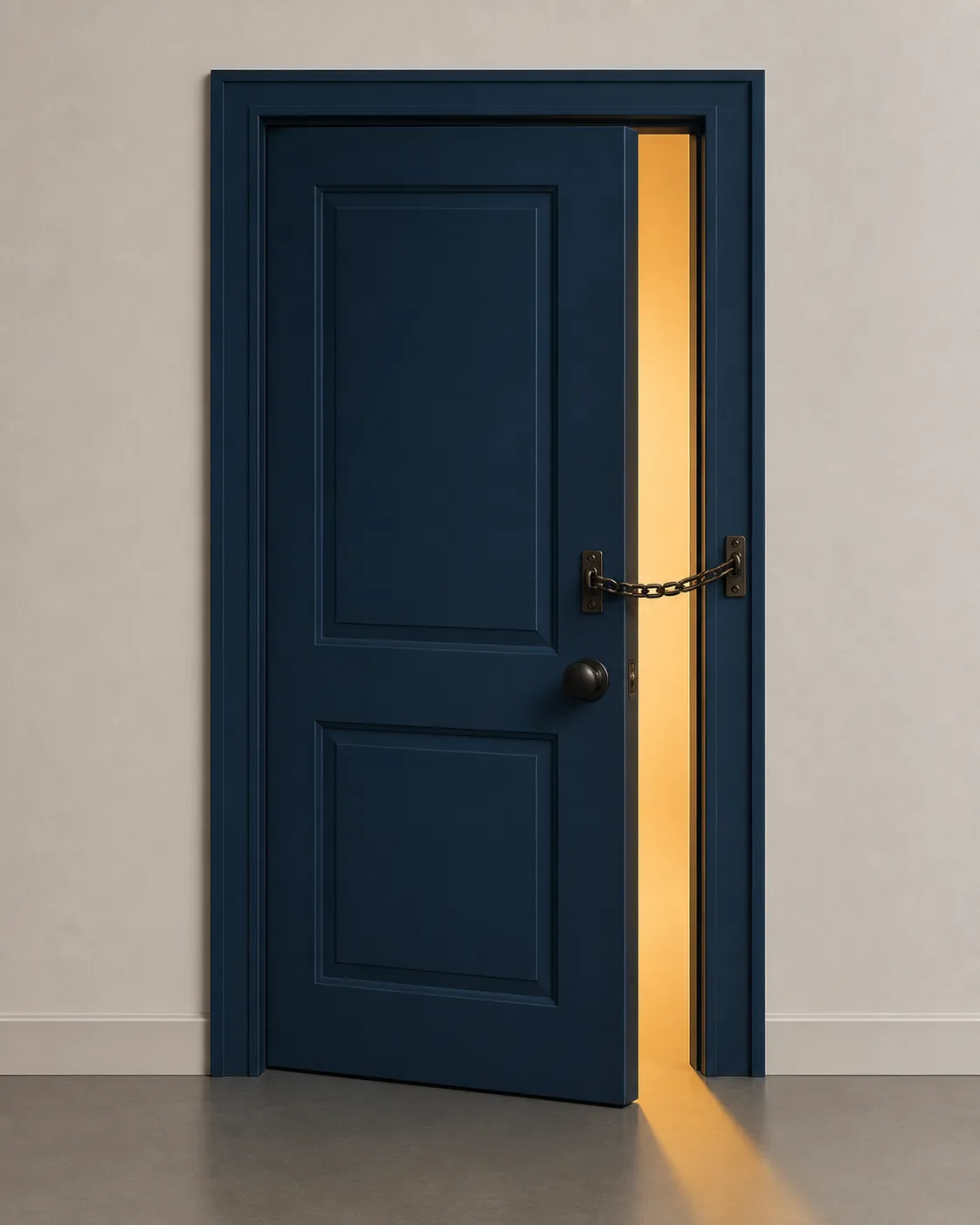 A dark blue door held slightly open by a short security chain with amber light showing through the gap