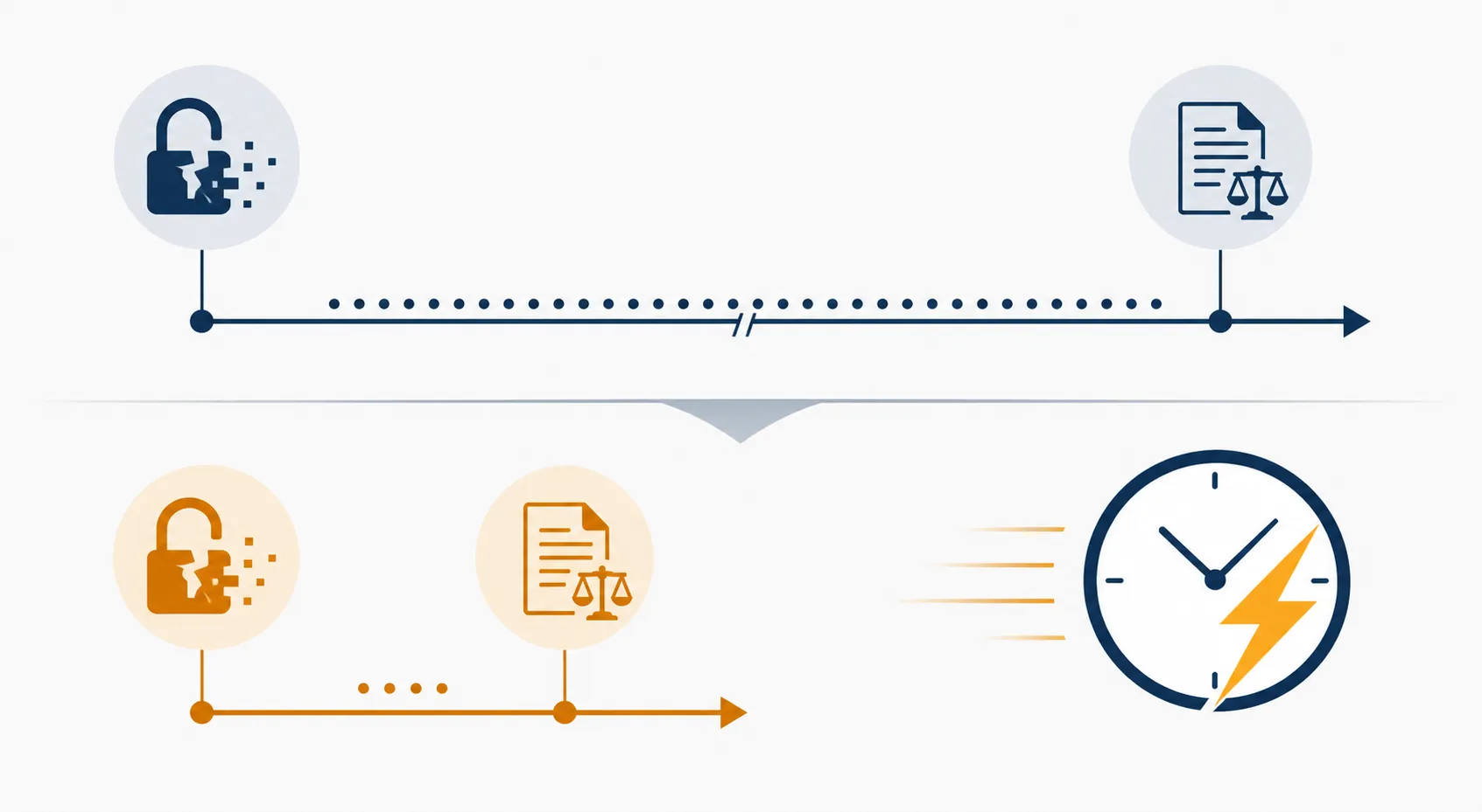 Timeline comparing older breach-to-lawsuit timing measured in months with accelerated filing timing measured in days