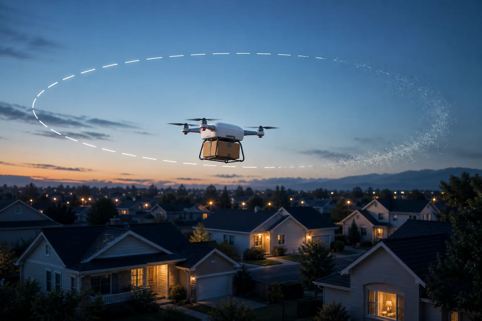 Delivery drone hovering over suburban rooftops with a fading dashed no-fly boundary