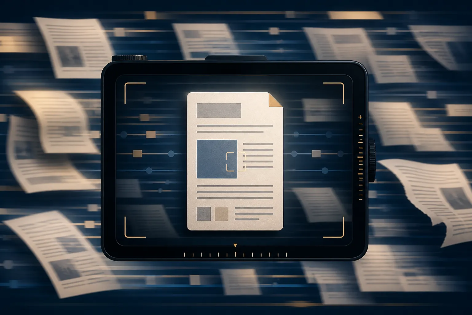 A document card in sharp focus inside a camera viewfinder while blurred newspaper pages and timeline fragments move behind it