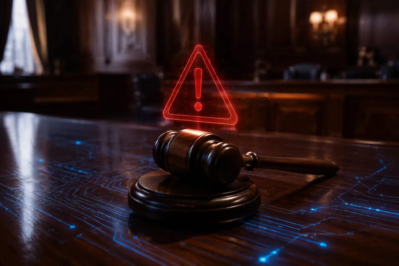 Judge's gavel with a red warning symbol and digital circuit lines
