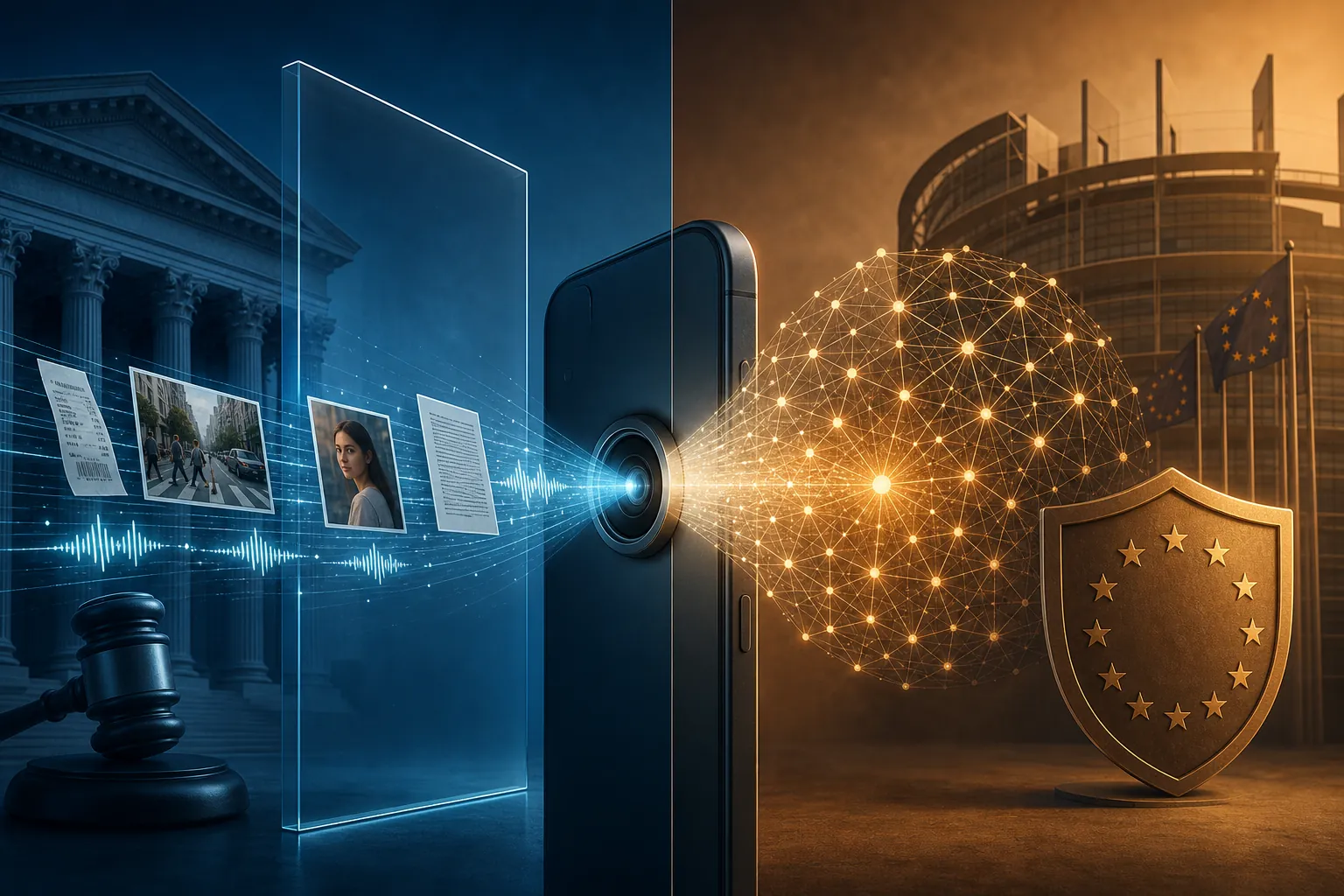 Smartphone image and audio inputs flowing into an AI core, split between US legal and EU regulatory settings