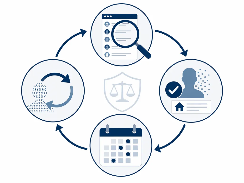 Circular workflow showing data broker scanning, removal, recurring calendar checks, and refresh because data can reappear