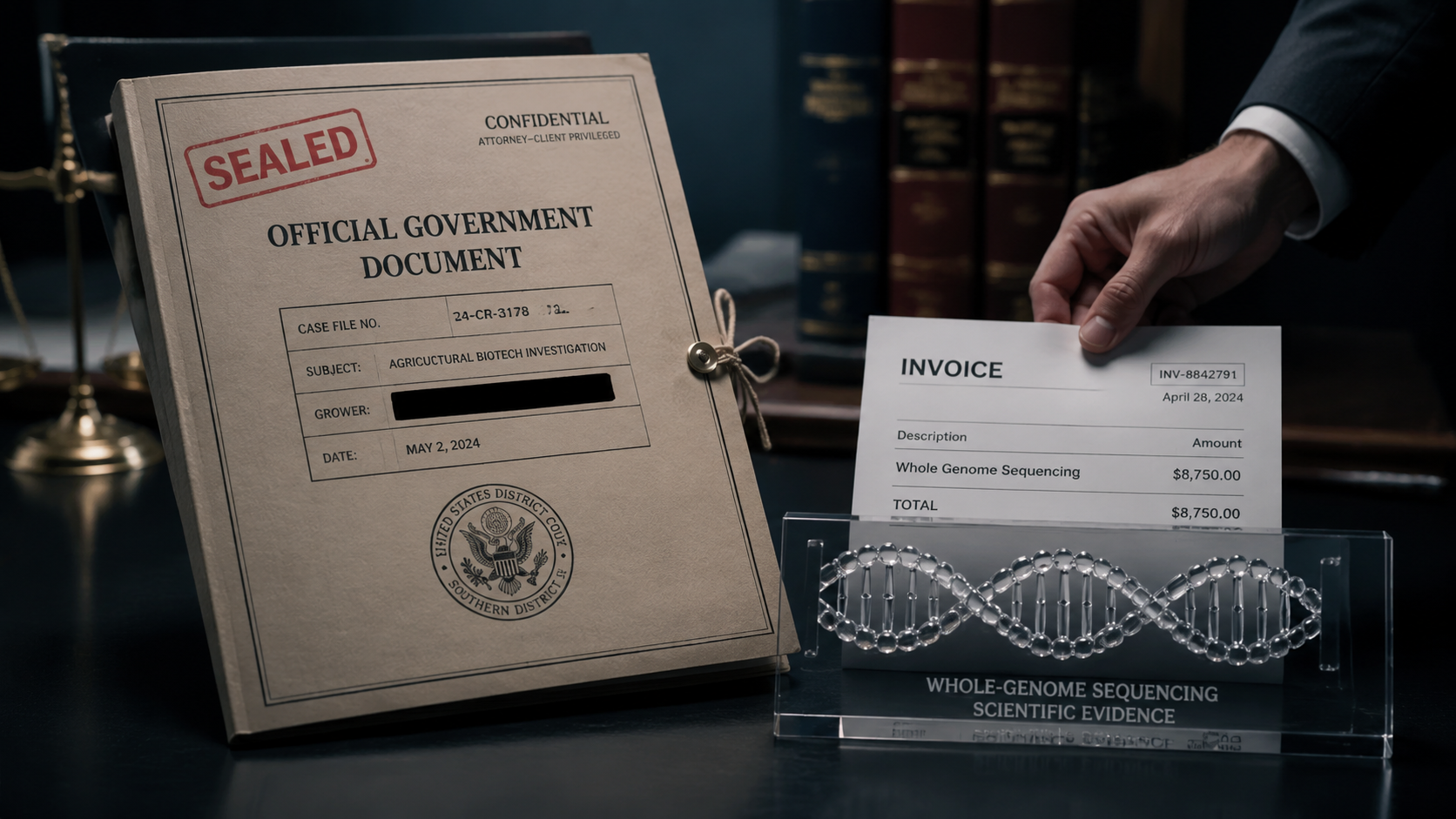 A redacted government folder beside an invoice and DNA symbol on an office table