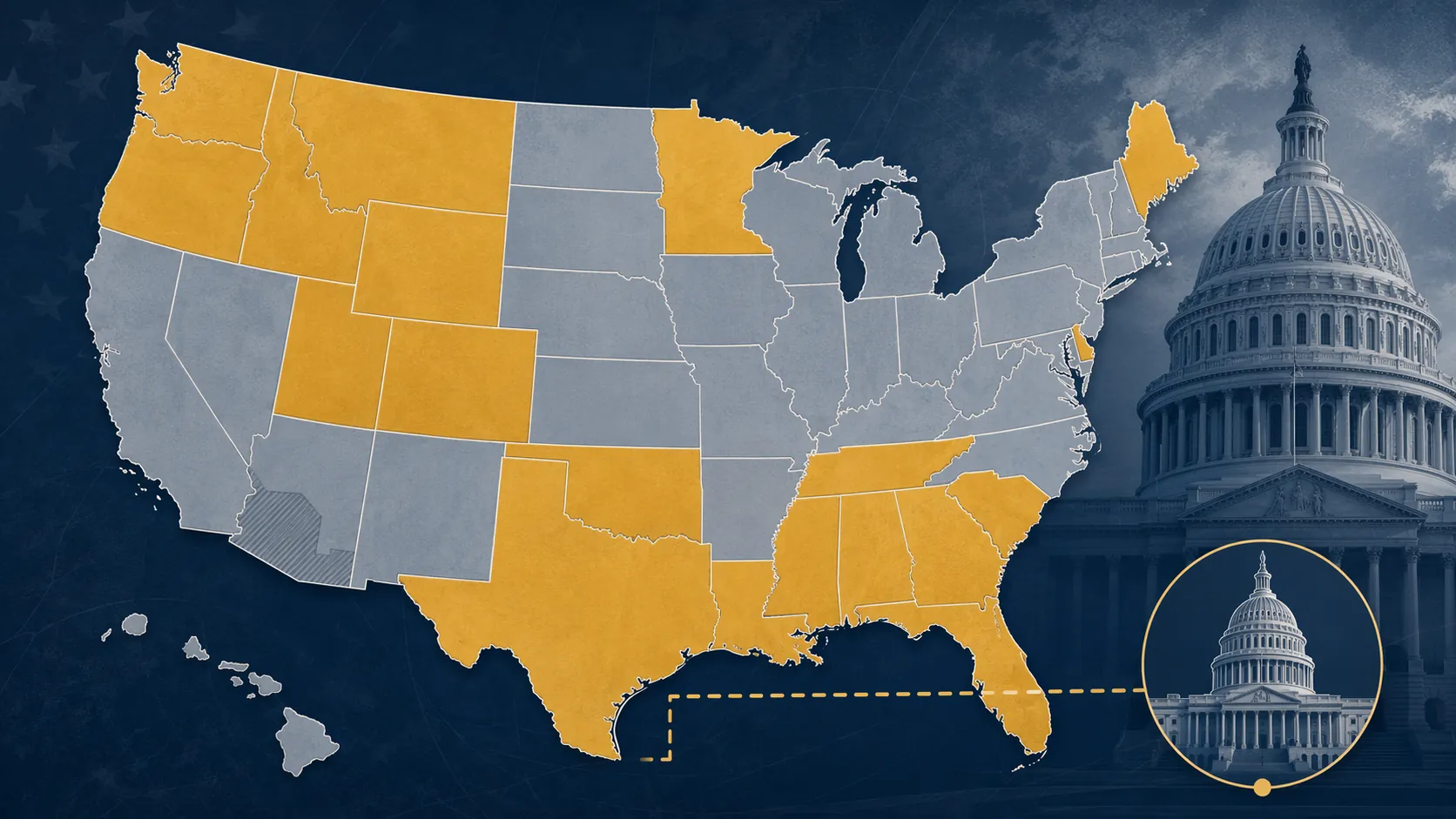 US map showing states with enacted conditional permanent daylight saving time laws and permanent standard time jurisdictions