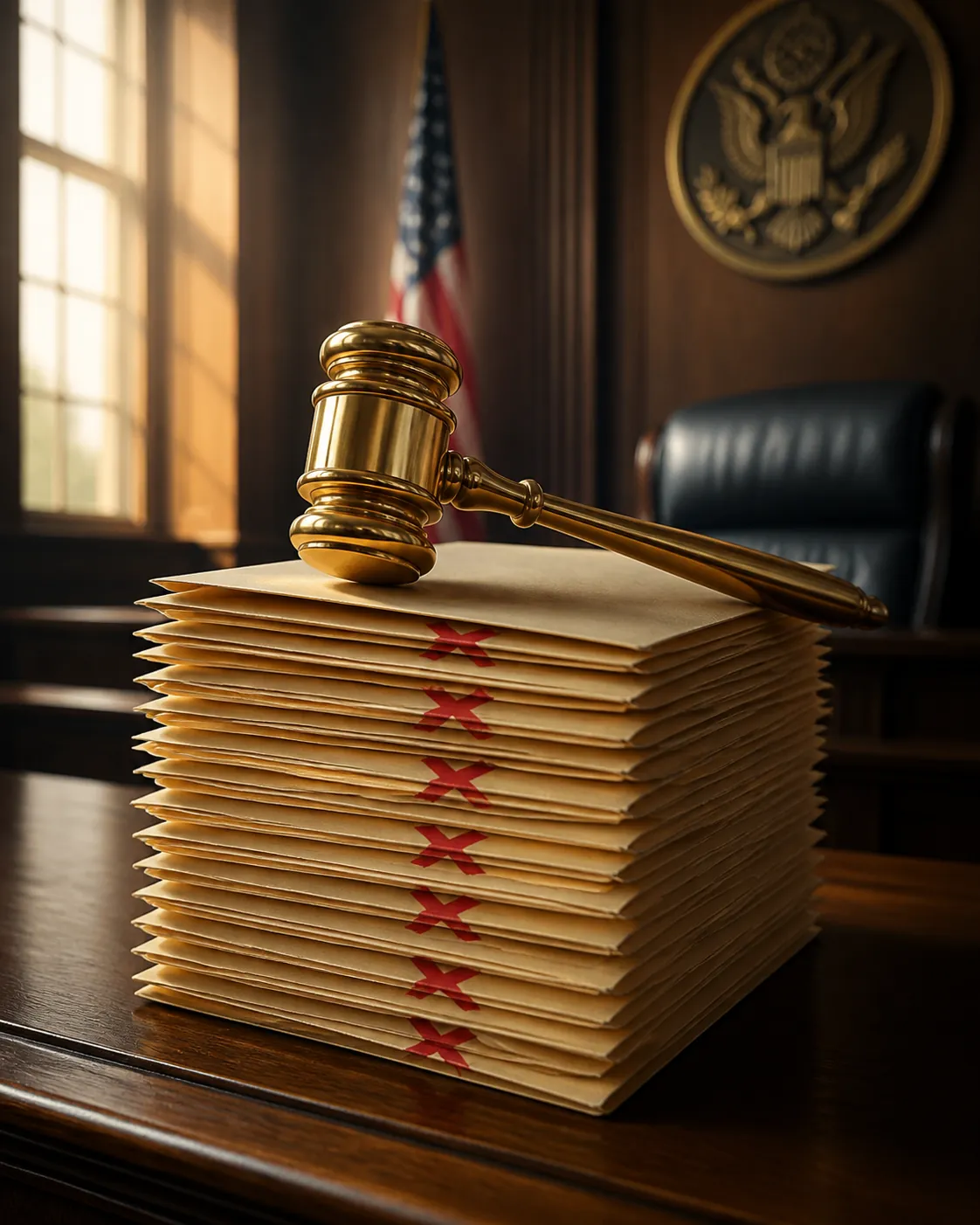 Gavel over legal file folders stamped with red rejection marks