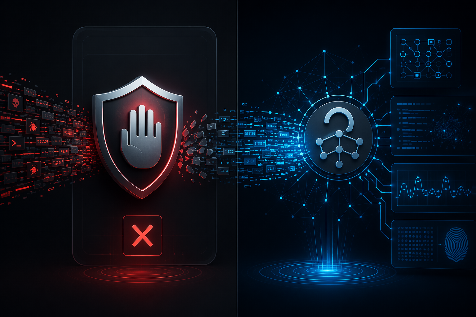 Split comparison illustration showing a blocked corporate-style security interface on one side and an open-source-style analytical interface successfully processing forensic data on the other