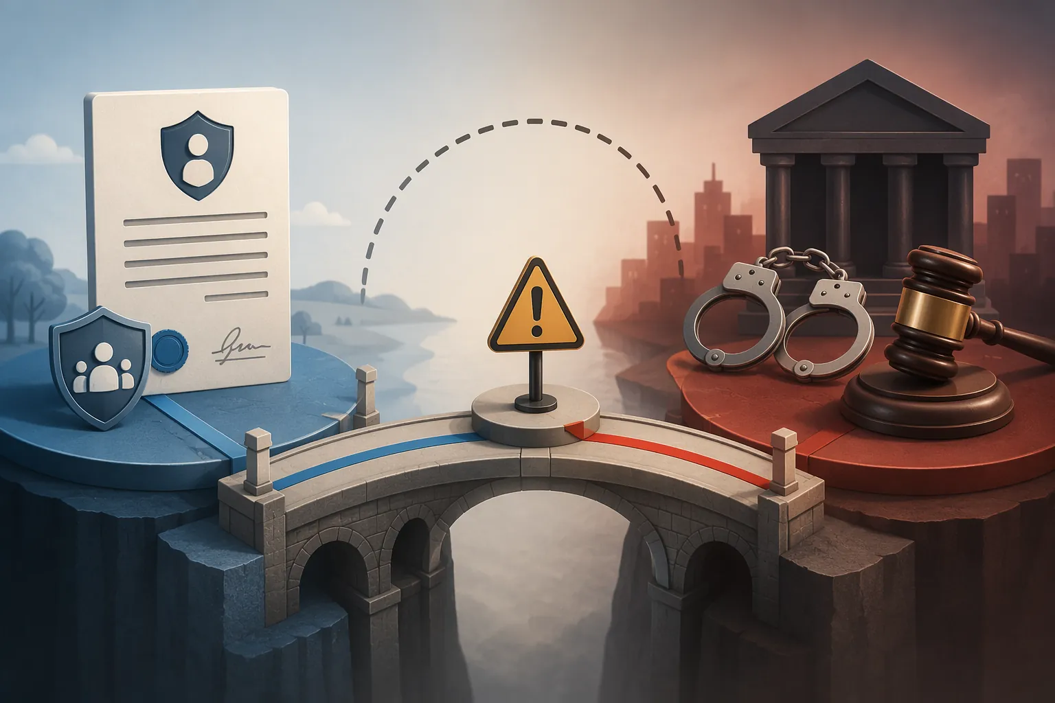 A civil protective-order document leading through a checkpoint into a separate criminal-justice pathway