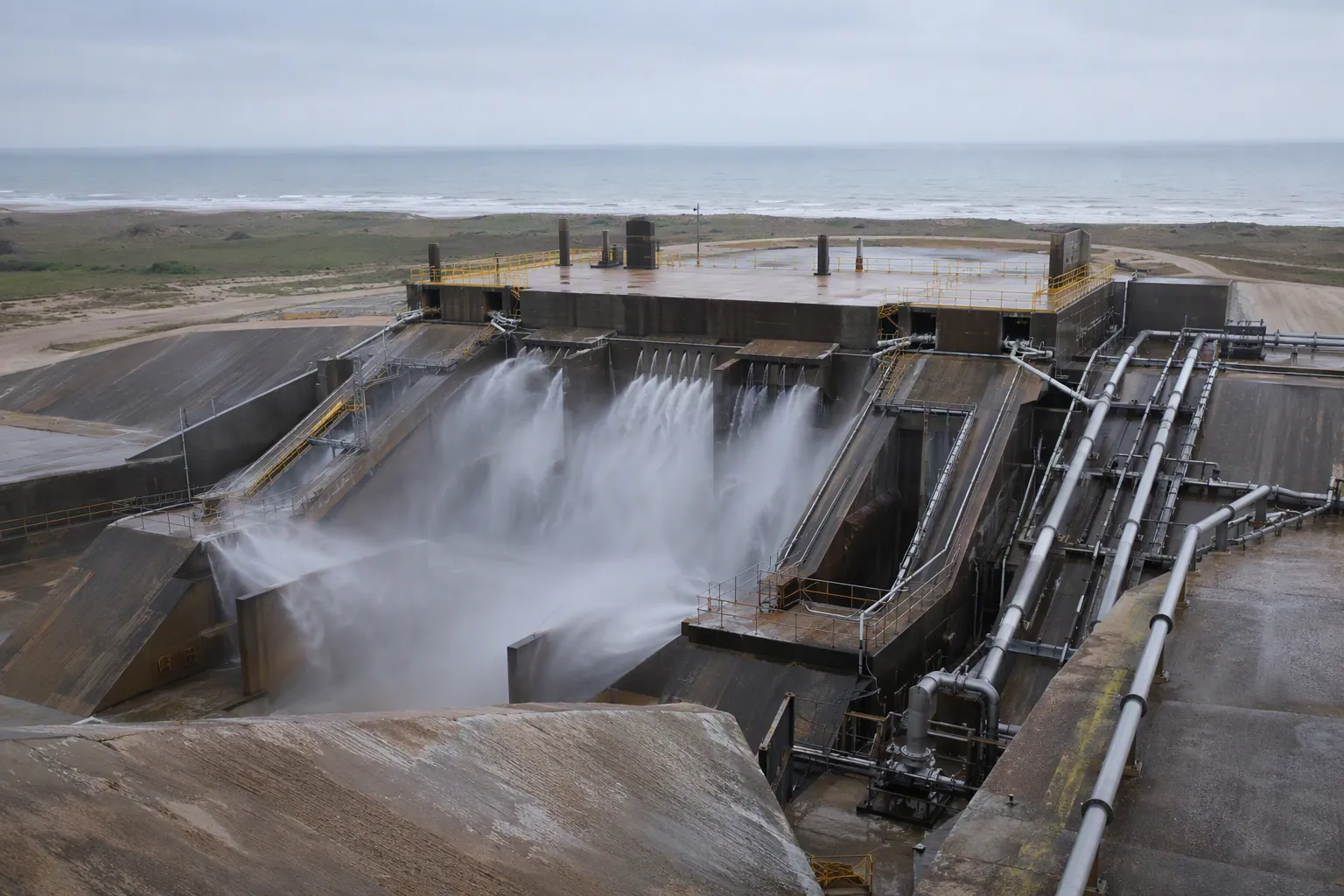 Water deluge system infrastructure at a coastal rocket launch pad
