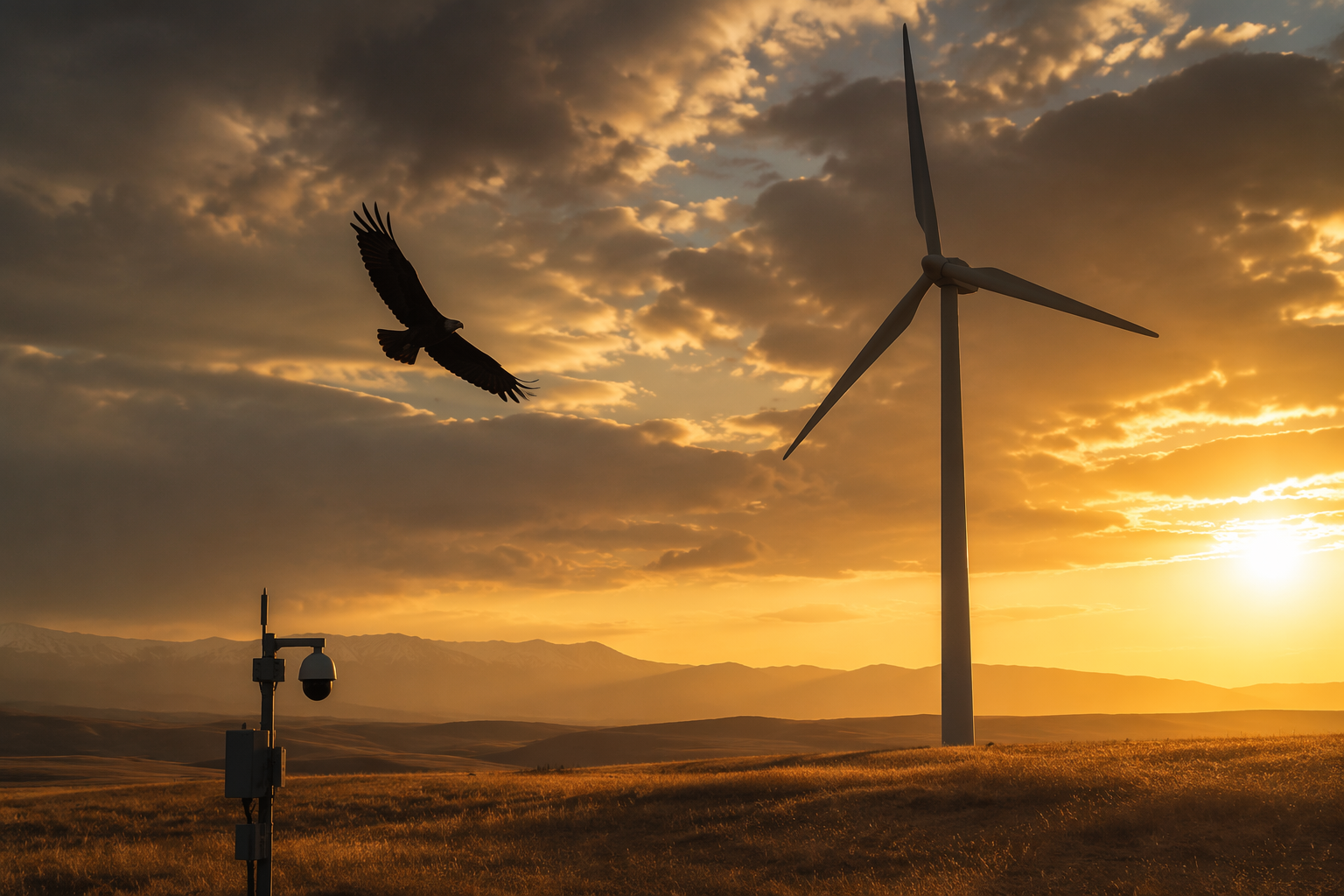 Wyoming prairie wind turbine with a golden eagle and camera sensor station