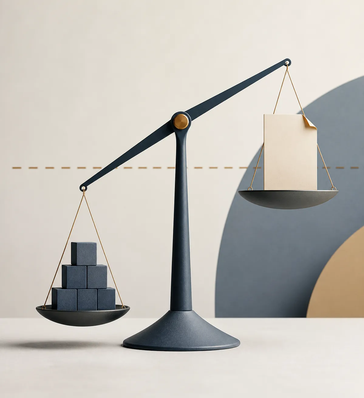 Minimalist balance scale showing a heavy stack of blocks on one side and a single document on the other