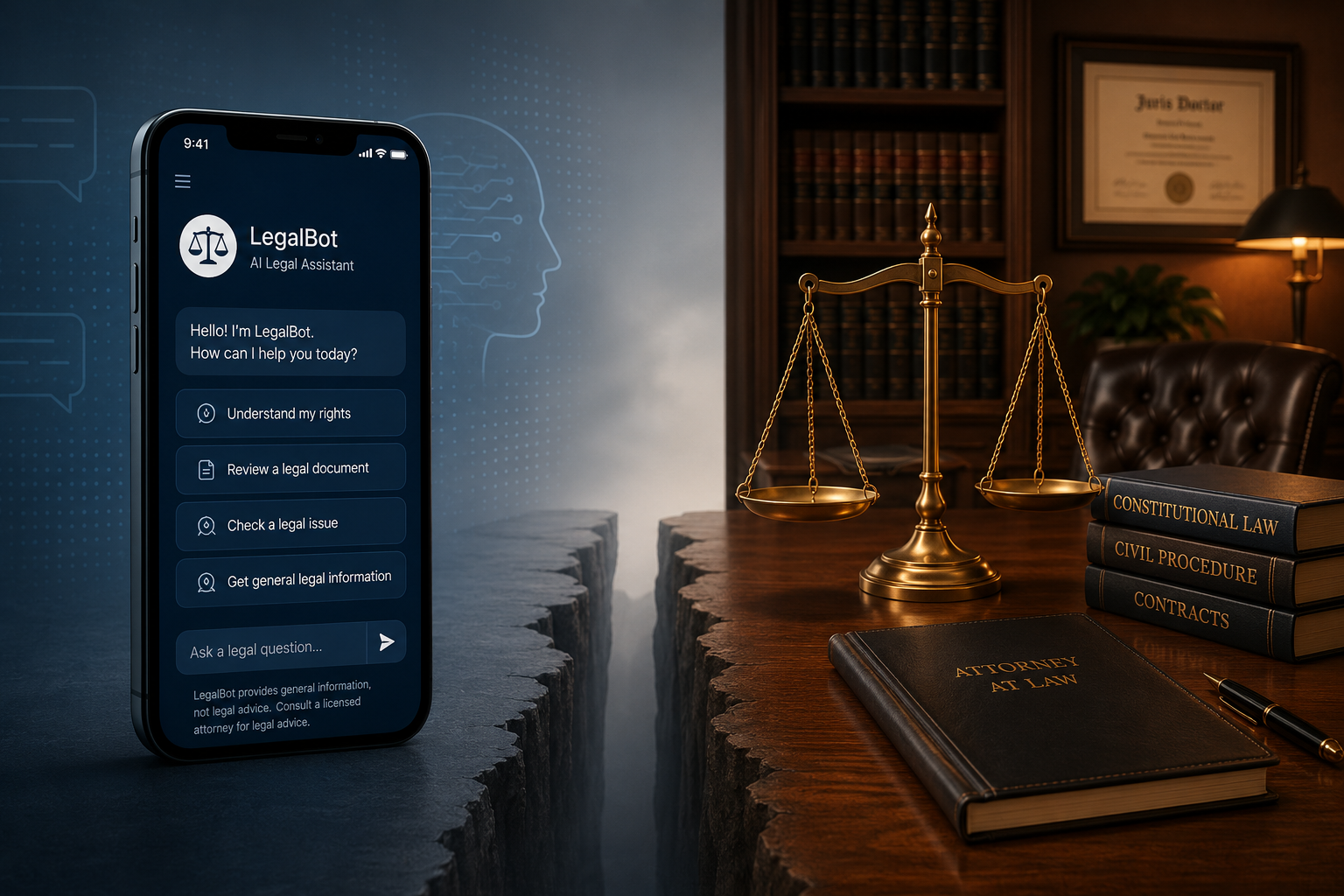 A smartphone chatbot beside a law office desk, divided from scales of justice and law books
