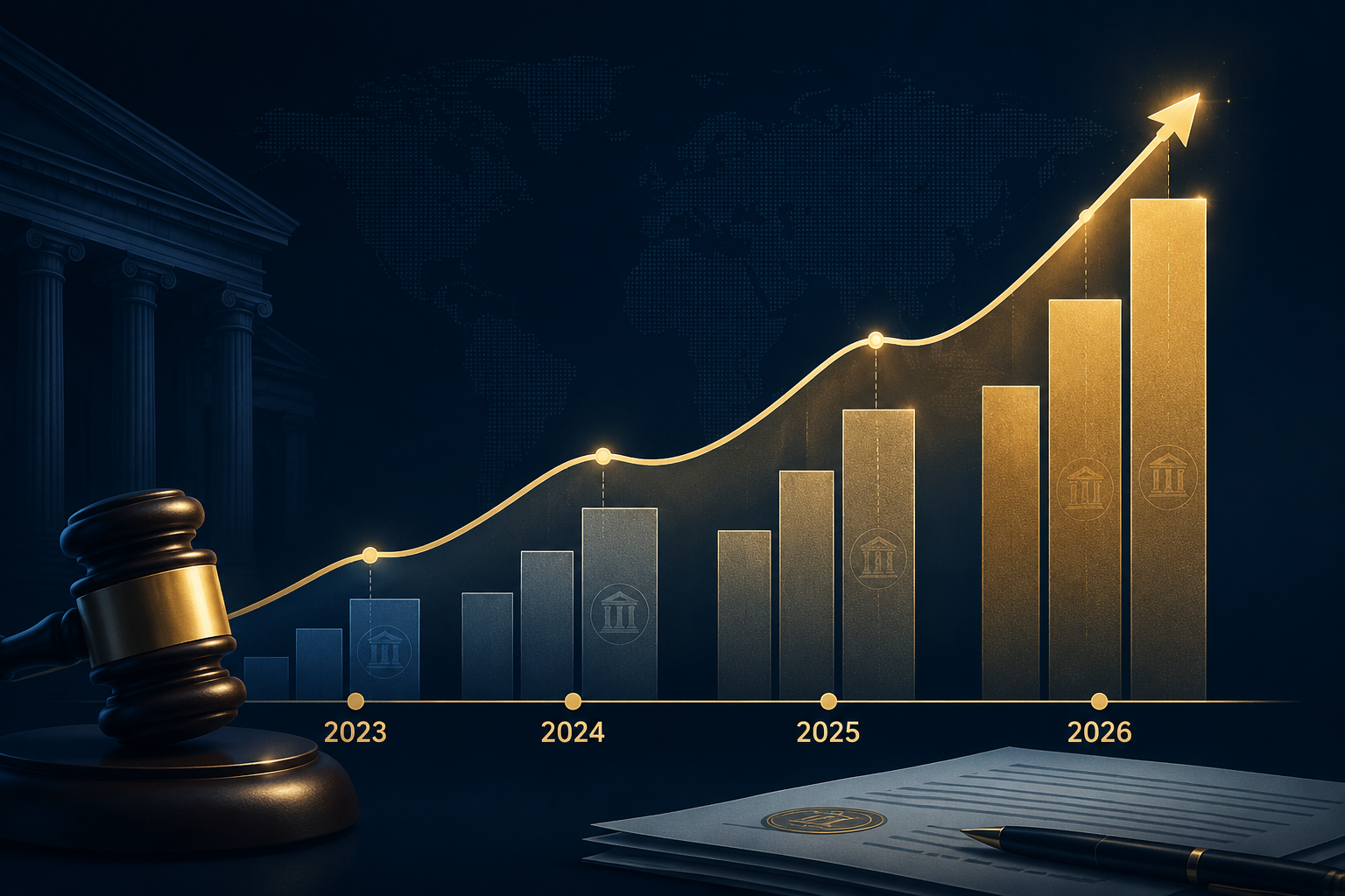Editorial illustration of legal sanctions escalating from 2023 to 2026 with a rising line, bars, court documents, and gavel motifs