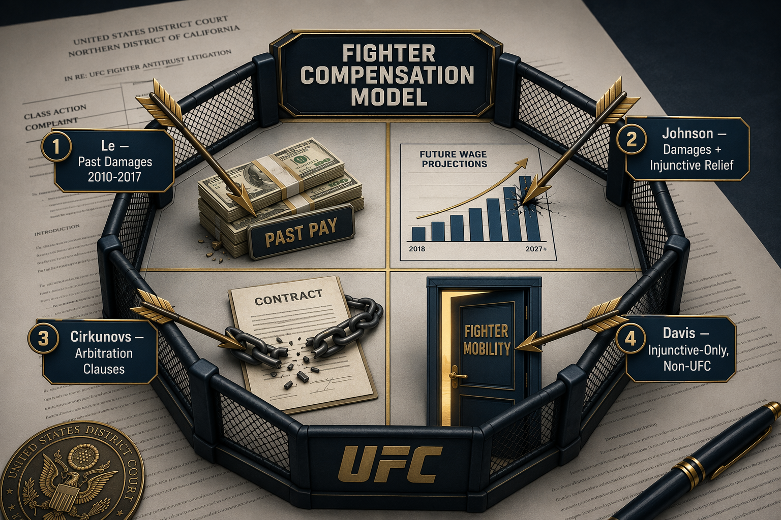 Four legal arrows labeled Le, Johnson, Cirkunovs, and Davis strike different parts of a UFC fighter compensation model