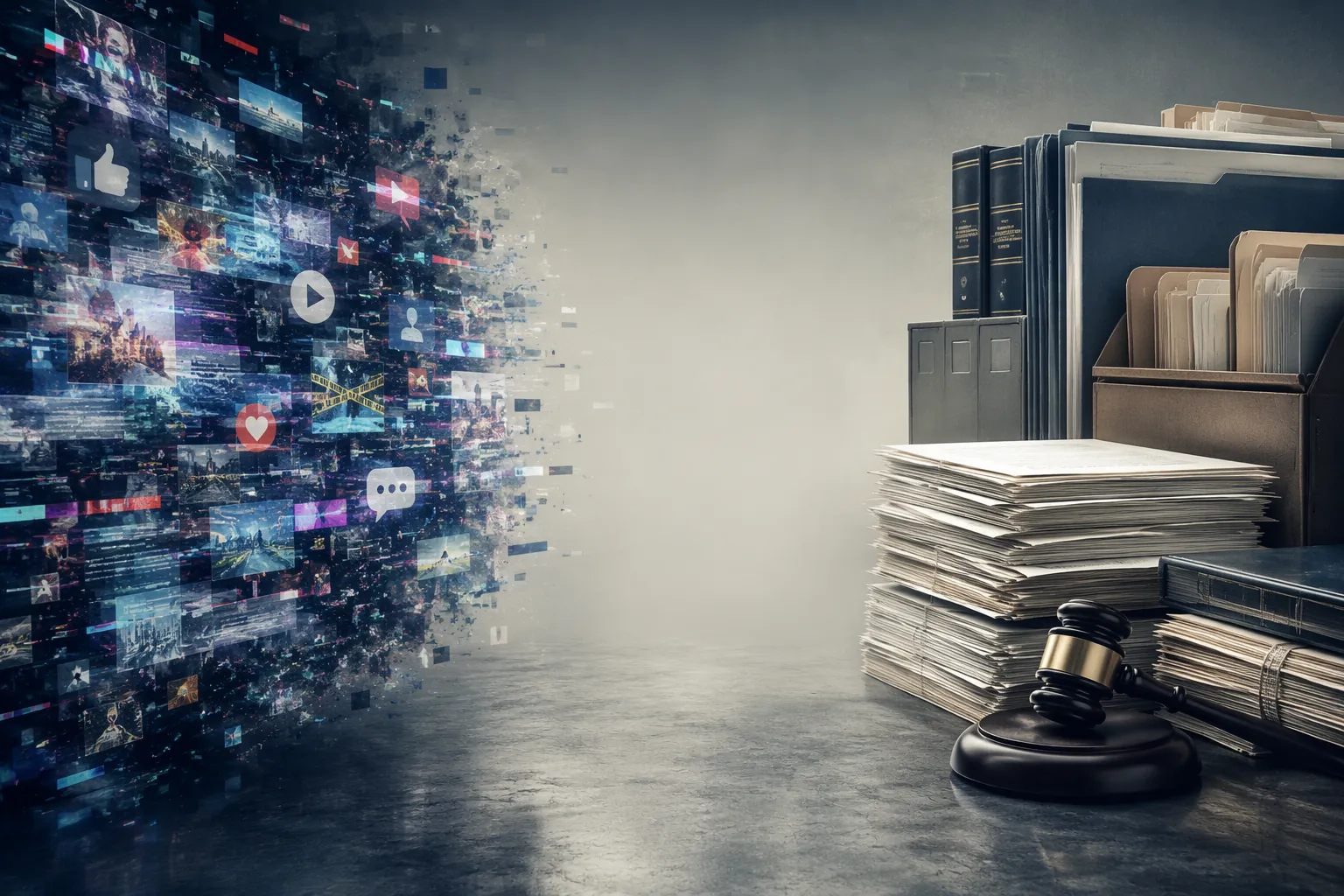Chaotic digital information cloud separated from orderly legal documents and a gavel