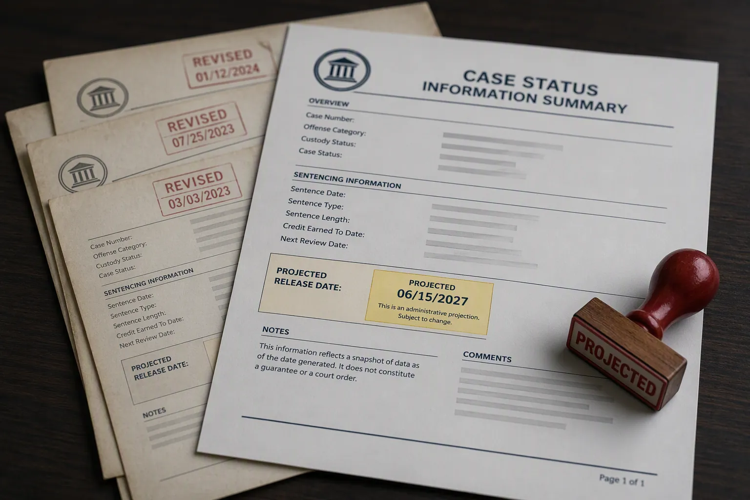 Government case-status document with a highlighted projected release date and older revision copies