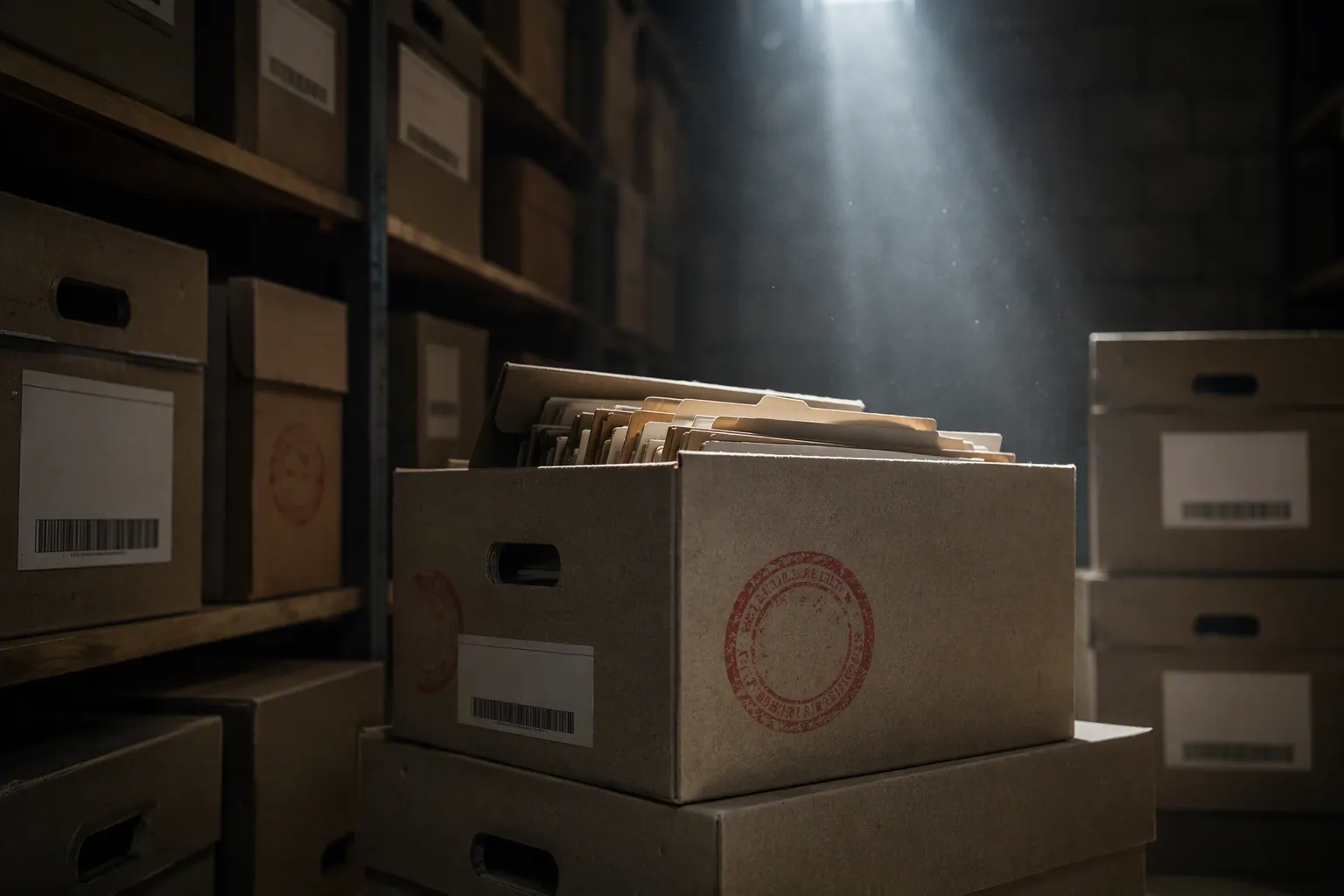 Municipal records archive with labeled cardboard boxes, an open file box, and a preservation stamp