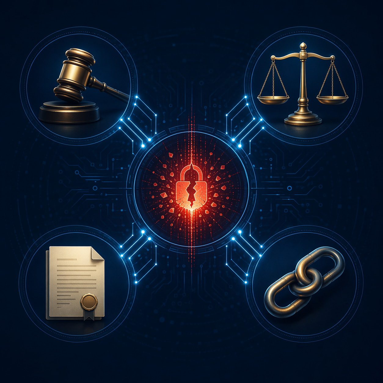 Four legal frameworks converging around a central AI security breach visualization