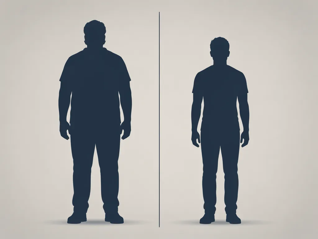 Side-by-side silhouette comparison showing a taller heavier figure beside a shorter average-build figure
