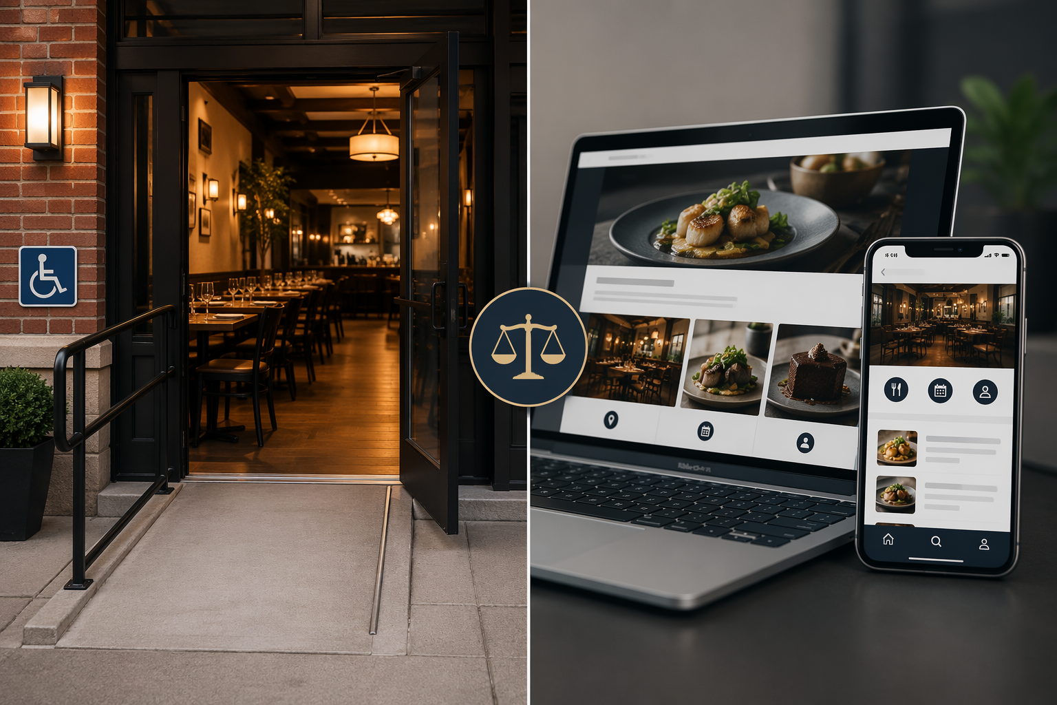 Split view of a restaurant dining area beside a website and app interface