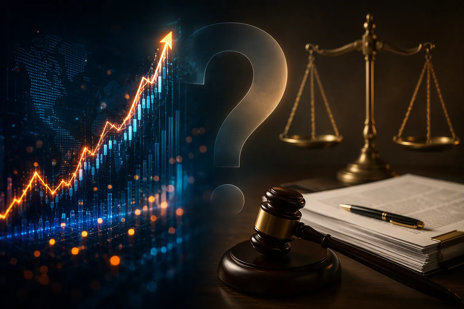 Ascending stock chart beside a gavel and scales of justice with a question mark between them