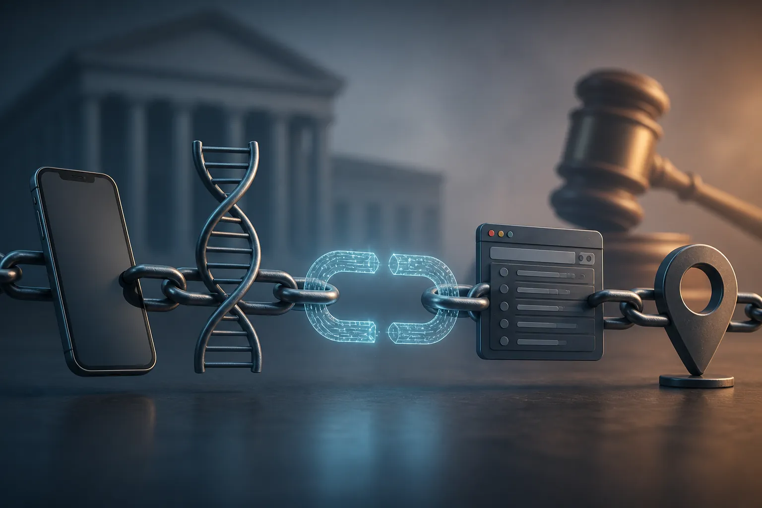 Digital evidence chain linking a smartphone, DNA helix, browser log, and location pin with an AI-shaped gap near a courthouse