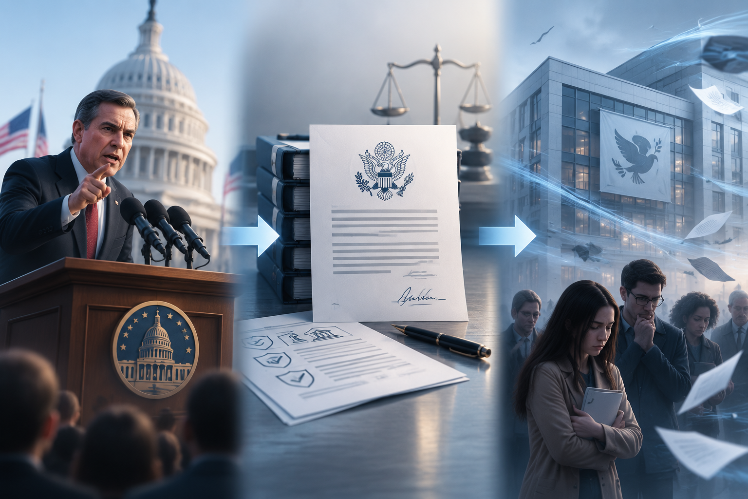 Three-panel illustration showing condemnation, regulatory documents, and chilled advocacy
