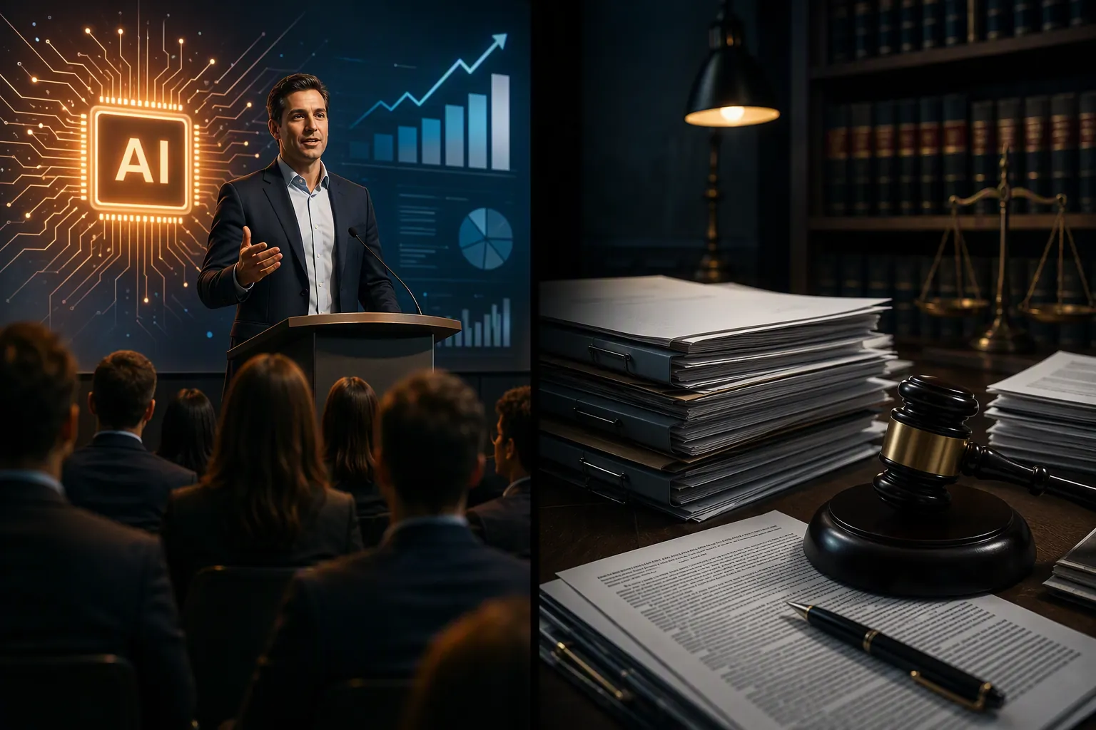 AI chip investor presentation beside securities filings and legal documents